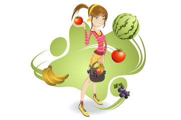 smiling pretty girl holding basket full of fruits