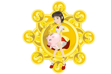 girl, piggy bank and gold coin