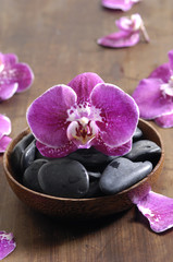 Fototapeta na wymiar orchid on pebble in wooden bowl