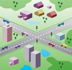 vector illustration with houses, and cars on the road
