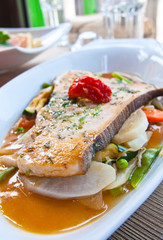 grilled seafood and vegetables