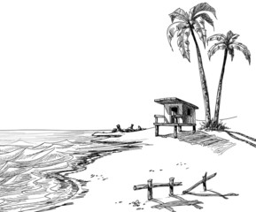 Summer beach sketch with palm trees and lifeguard stand