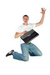 Young man with black plastic case jumping