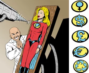 Abwaschbare Fototapete Comics Superheld von bösen Wissenschaftlern gefangen und in Gefahr.