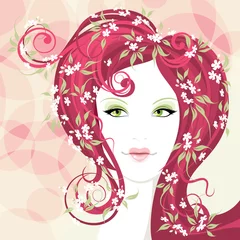 Cercles muraux Femme fleurs Belle fille avec des lèvres et des cheveux en forme de coeur avec la fleur
