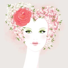 Papier Peint photo Femme fleurs Belle fille avec des lèvres et des cheveux en forme de coeur avec la rose