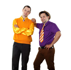 two young man in bright colour wear