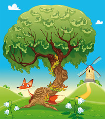 Plakaty  Lis za drzewem. Ilustracja wektorowa, pojedyncze obiekty.