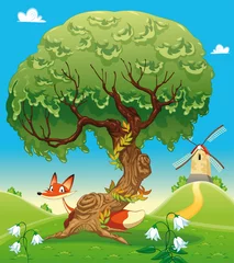 Fotobehang Fox behind the tree. Vector illustration, isolated objects. © ddraw