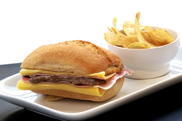 sandwich with steak, ham and cheese