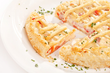 tasty quiche with cheese and vegetables