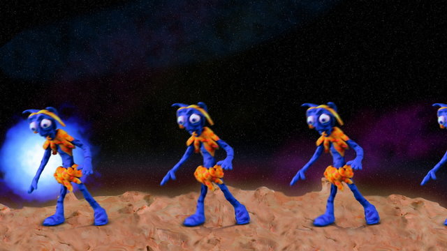 Funny aliens dancing on a planet with blue star