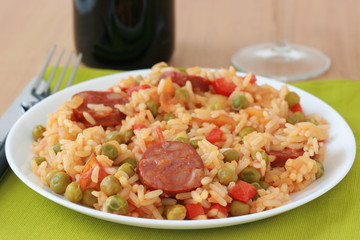 Rice with sausages and vegetables