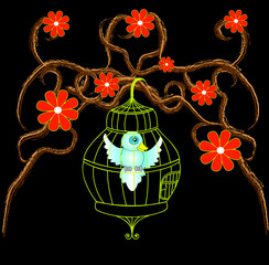 Branches abstraites avec fleurs et cage à oiseaux