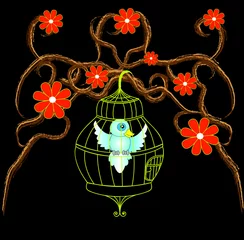 Cercles muraux Oiseaux en cages Branches abstraites avec fleurs et cage à oiseaux