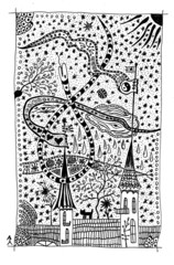 Сказочный замок. Черно-белый рисунок.