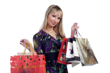 beautiful young girl hold shopping bags