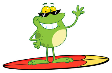 Happy Frog Cartoon Character While Surfing