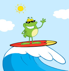 Happy Frog While Surfing In Sea