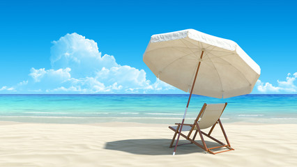 Beach chair and umbrella on idyllic tropical sand beach - obrazy, fototapety, plakaty