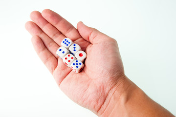 6 Dice in Man Hand with Isolated White Background