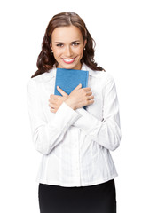 Happy smiling young business woman with notepad, isolated