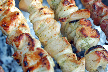 shish kebab on skewers and hot coals