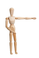 Wooden mannequin hand pointing right isolated on white