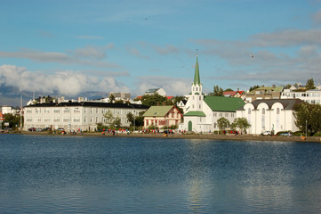 Reykjavik downtown near Tjoernin lake, Iceland