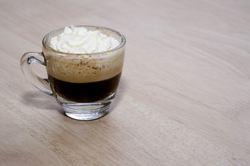mini hot coffee on wood backgrounds