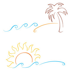 Fototapeta na wymiar Tropics symbols with palm sun and sea