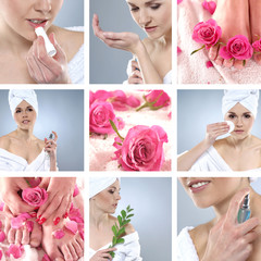 A collage of spa images with a young woman and flowers