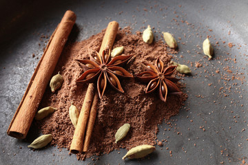 Aromatic spices with cocoa powder for spiced hot chocolate