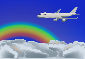 plane in blue sky with rainbow