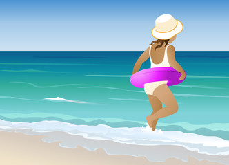 Baby girl runs into the sea water with inflatable ring