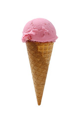 strawberry ice cream with cone on white background