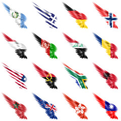 Set of european, african and american flags on wings