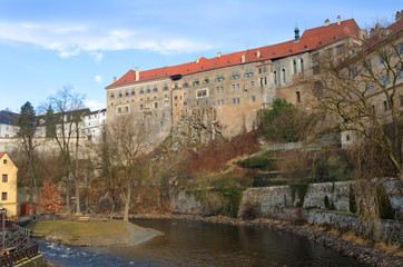 Fototapeta na wymiar Cesky Krumlov Old Castle, Vltava river bank, Czech Republic