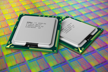 Modern CPUs on silicon wafer with processor cores