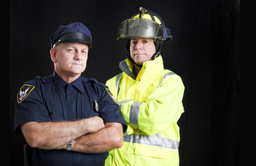 Naklejka premium Fireman and Policeman with Copyspace