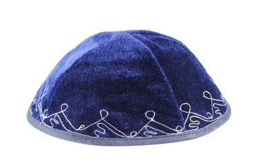 Blue yarmulke isolated on a white background.