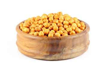 Deep fried spiced chick peas in a wooden bowl