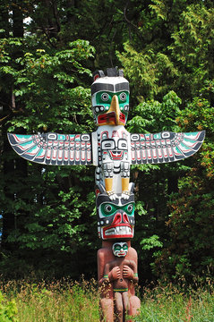 Colorful totem pole in Vancouver, Canada