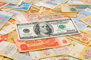 Fototapeta na wymiar Old soviet russian money and dollar