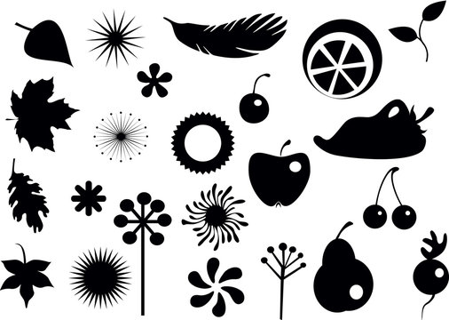 Silhouettes des fruits , l&eacute;gumes, feuilles et fleurs