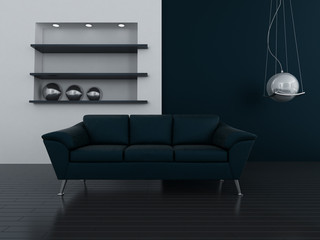 interior in dark blue tones with a sofa and lamp