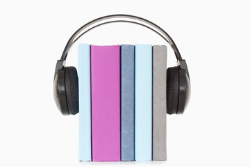 Close up of books and headphones