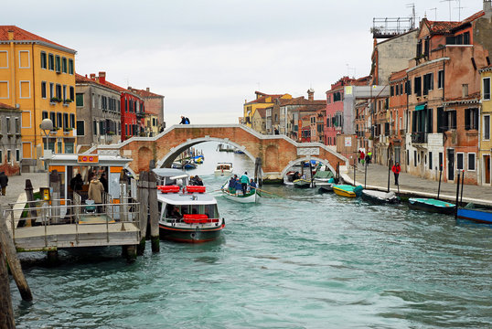 Italy, Venice Cannaregio canal at the three arches bridge.