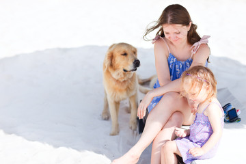 Mother, daughter and dog