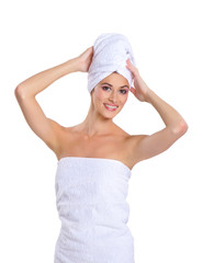 A young and cute Caucasian woman after taking a bath